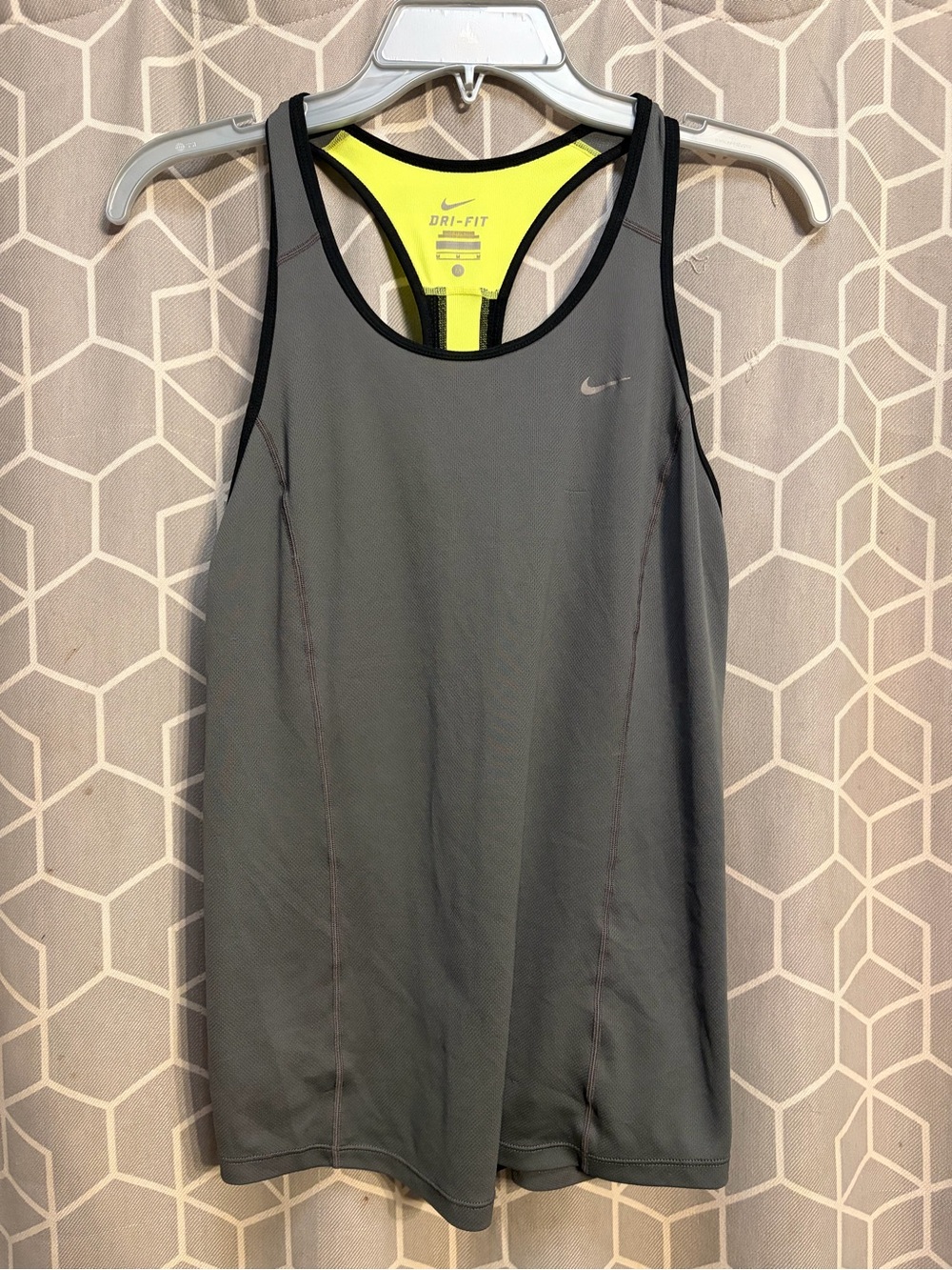 Nike Womenâs Gray Dri-FIT Racerback Tank with Neon Yellow Back